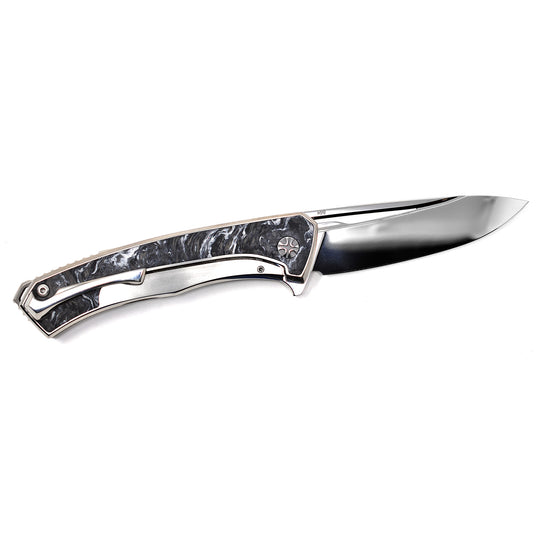 other side of NL Knives Aurum Ultimate Custom knife with mirror-polished M398 blade