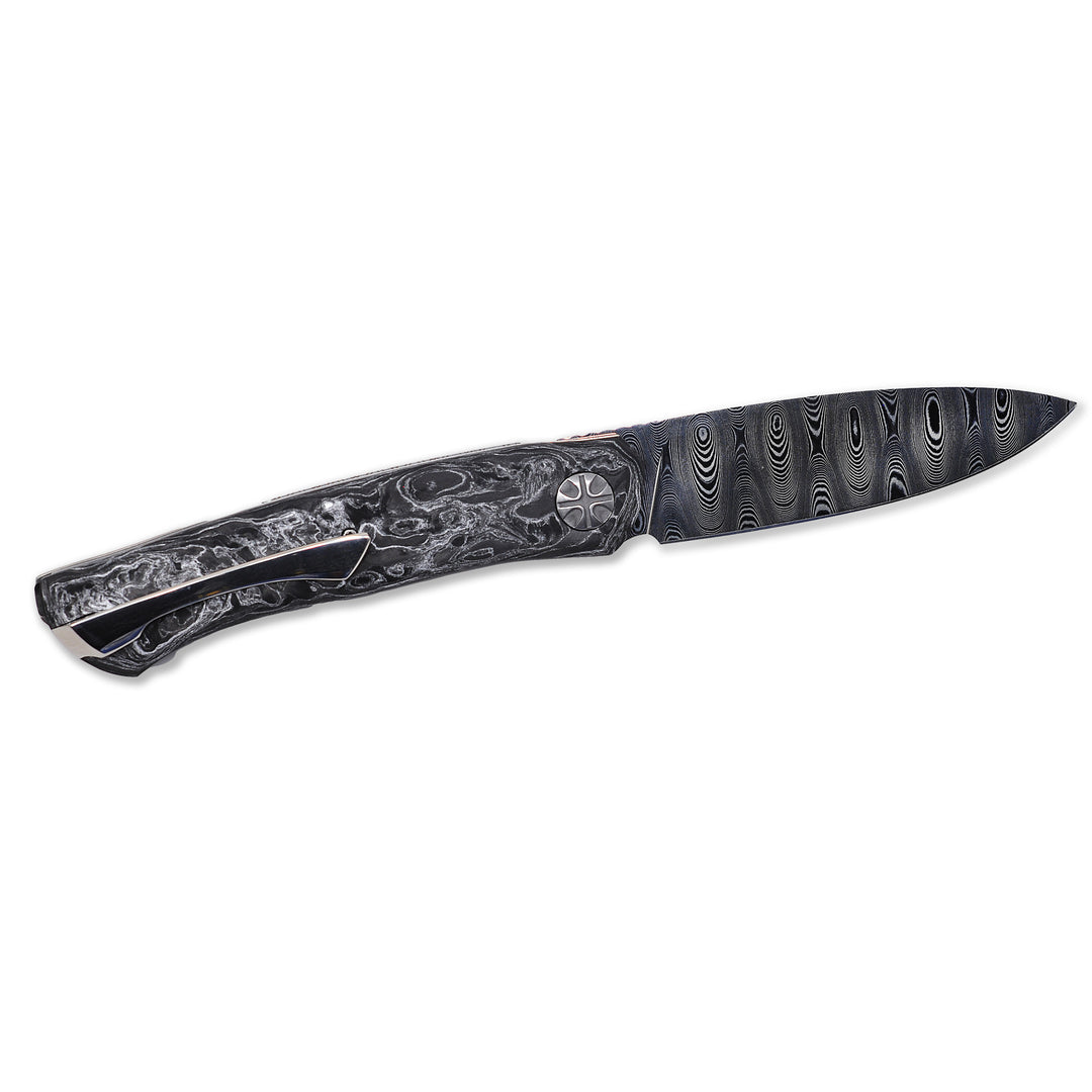 other side and ZDI Elmax Damascus blade and Carbon Fiber handle on Frodo 2.0 front flipper knife by NL Knives
