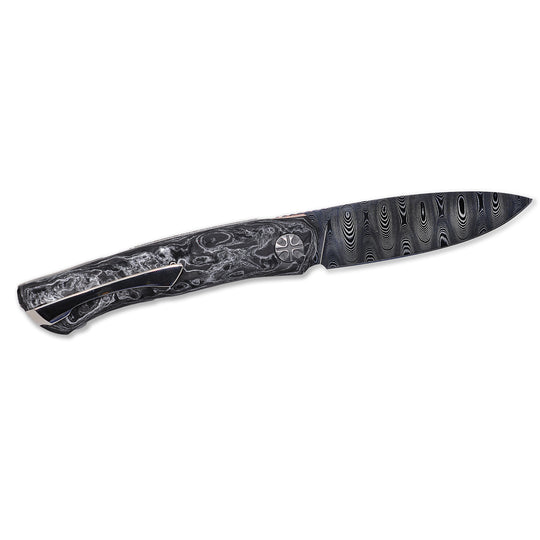 other side and ZDI Elmax Damascus blade and Carbon Fiber handle on Frodo 2.0 front flipper knife by NL Knives