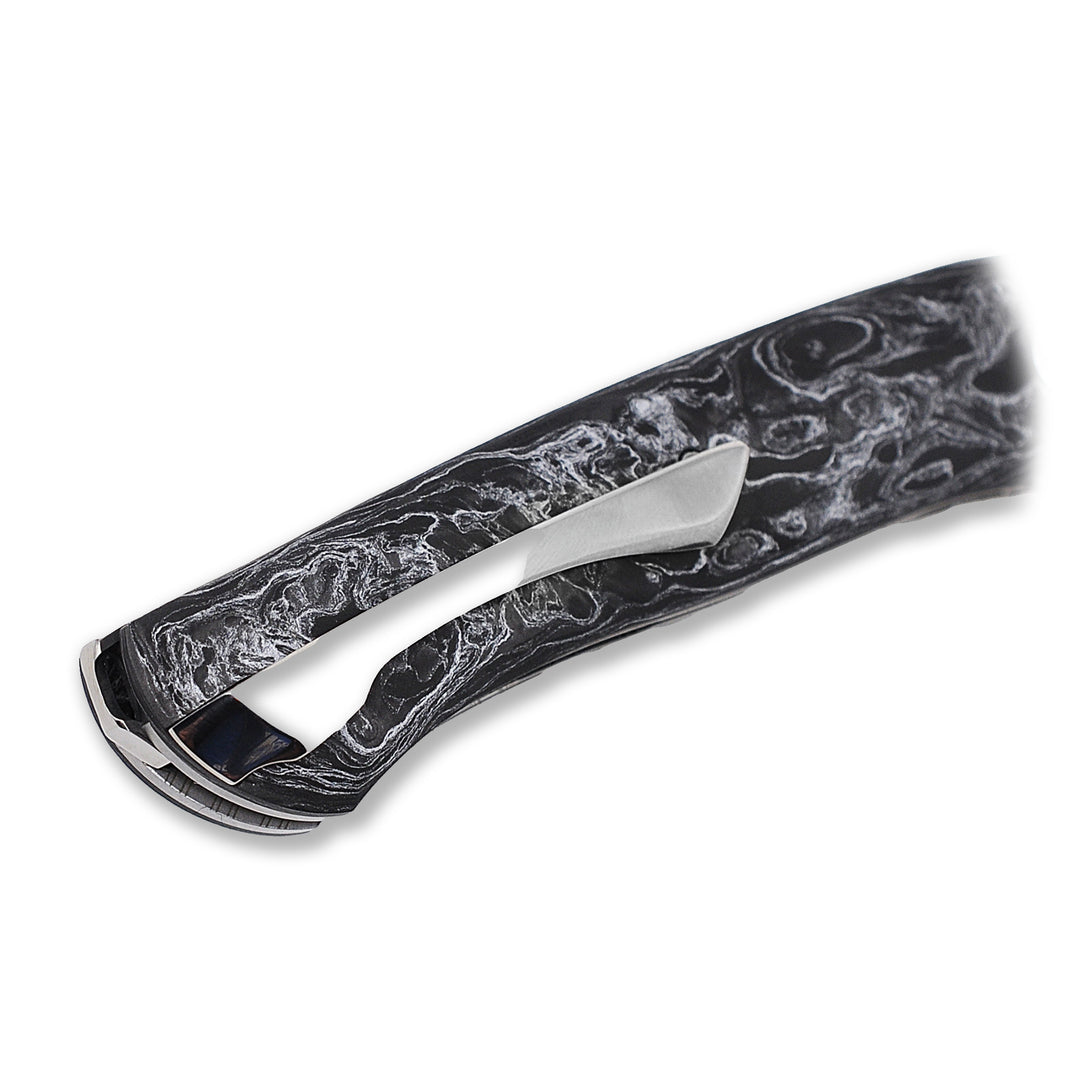 Titanium pocket clip and Carbon fiber details on Frodo 2.0 front flipper knife by NL Knives