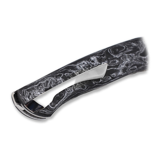 Titanium pocket clip and Carbon fiber details on Frodo 2.0 front flipper knife by NL Knives