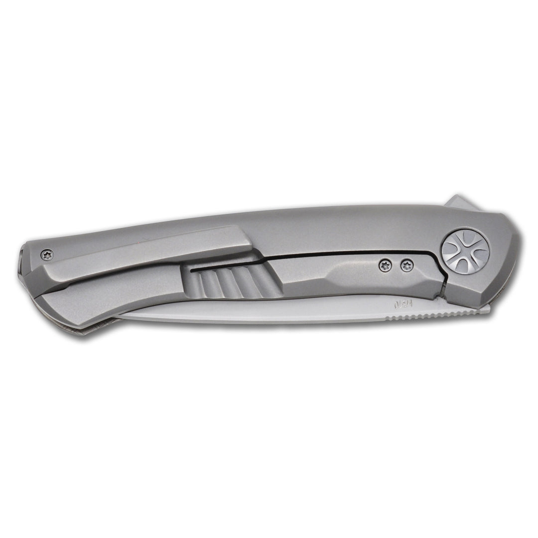 NoWa EDC knife by NL Knives, folded, pocket clip details.