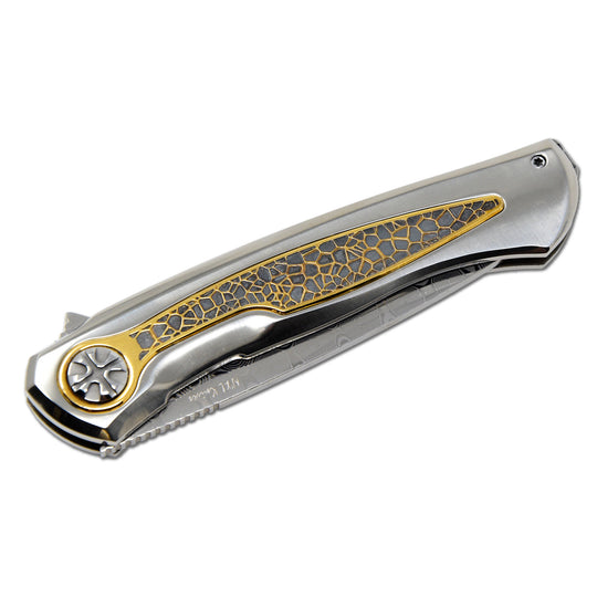 NL Knives Super NoWa knife with mirror polished titanium handle and gilded Honeycomb insert