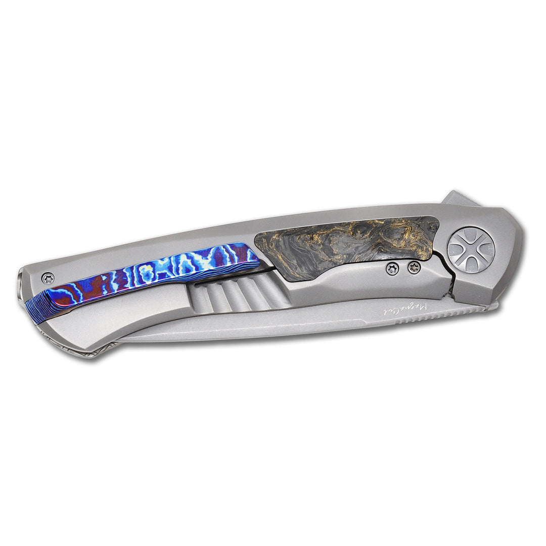 NL Knives NoWa Carbon folding knife, folded, Timascus pocket clip details