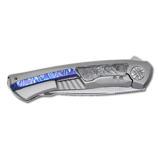 NL Knives NoWa Carbon folding knife, folded, timascus pocket clip details