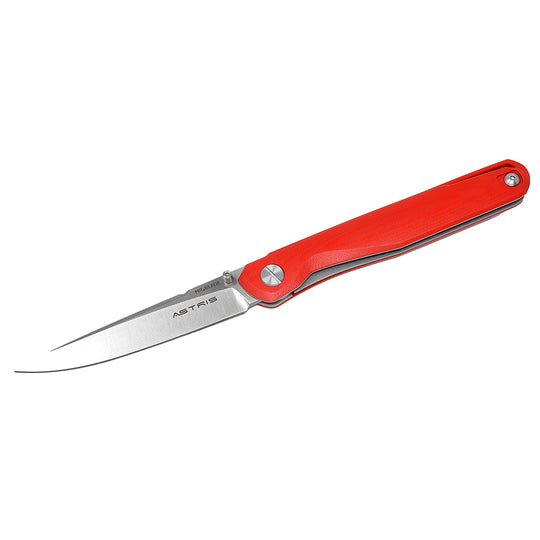 Mr. Blade Astris Red folding knife with satin D2 blade – open view.”
