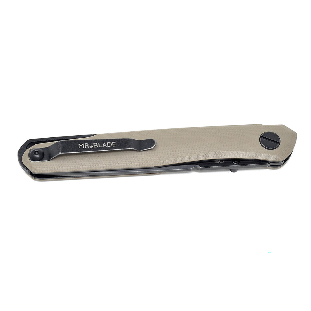 Tan G10 handle scales on Mr. Blade Astris folding knife.
