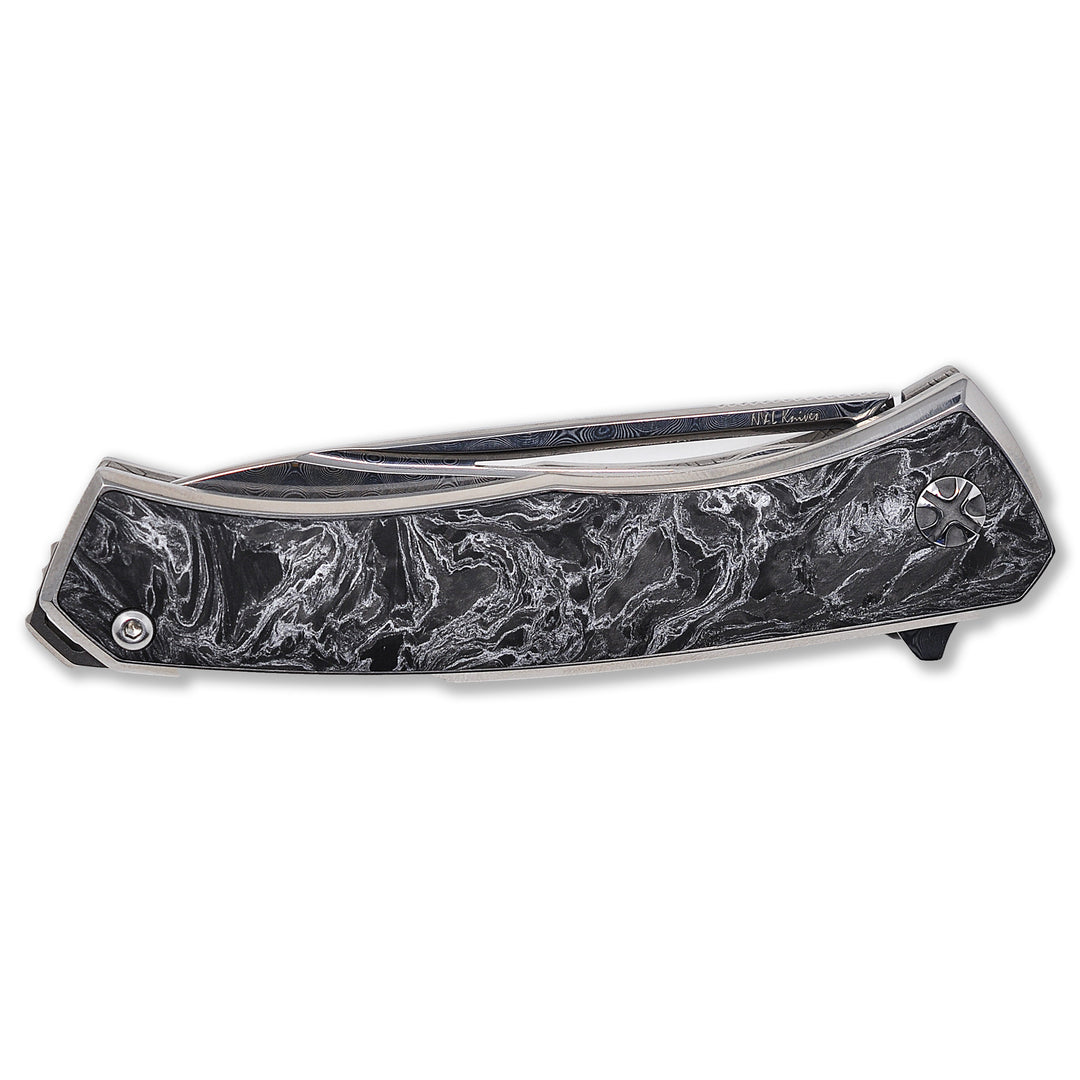 Beautiful Custom Carbon Fiber with silver dust on  Aurum Ultimate Custom Raindrop Edition folding knife by NL Knives.