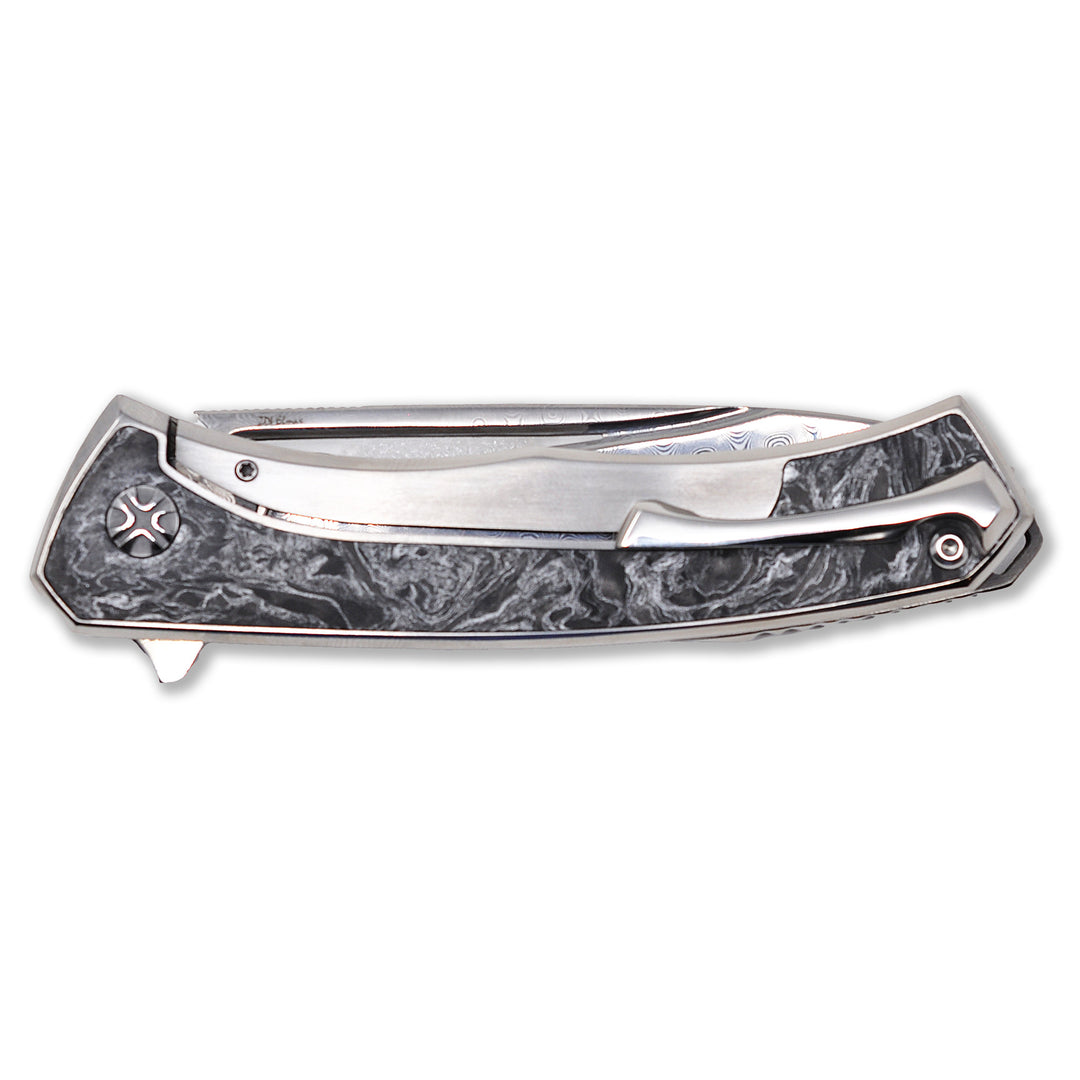Folded  Aurum Ultimate Custom Raindrop Edition folding knife by NL Knives with titanium pocket clip.