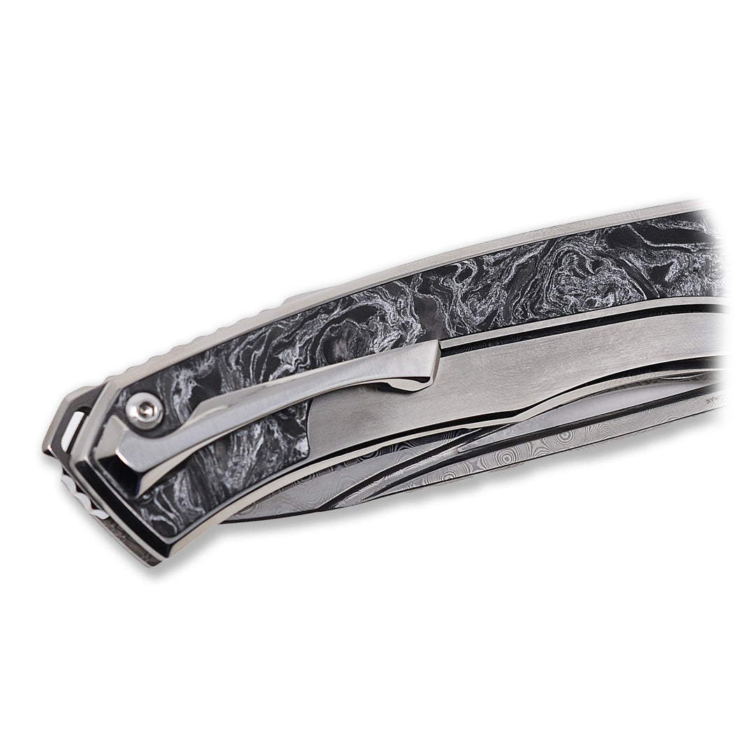 details of titanium pocket clip on  Aurum Ultimate Custom Raindrop Edition folding knife by NL Knives.