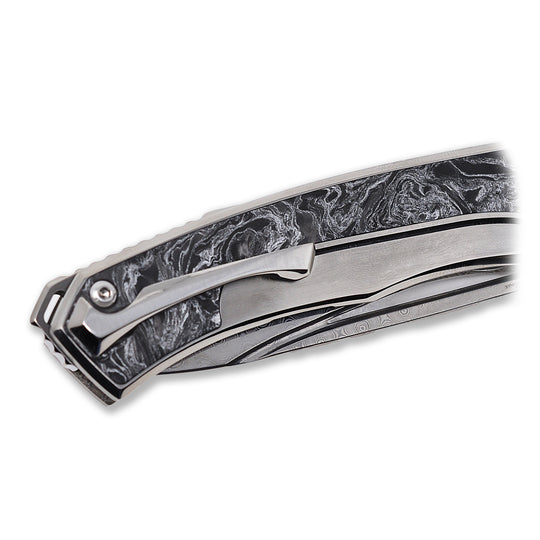 details of titanium pocket clip on  Aurum Ultimate Custom Raindrop Edition folding knife by NL Knives.