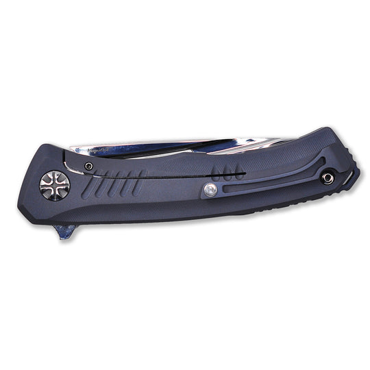 Folded Aurum Nudist Blue custom knife from NL Knives.