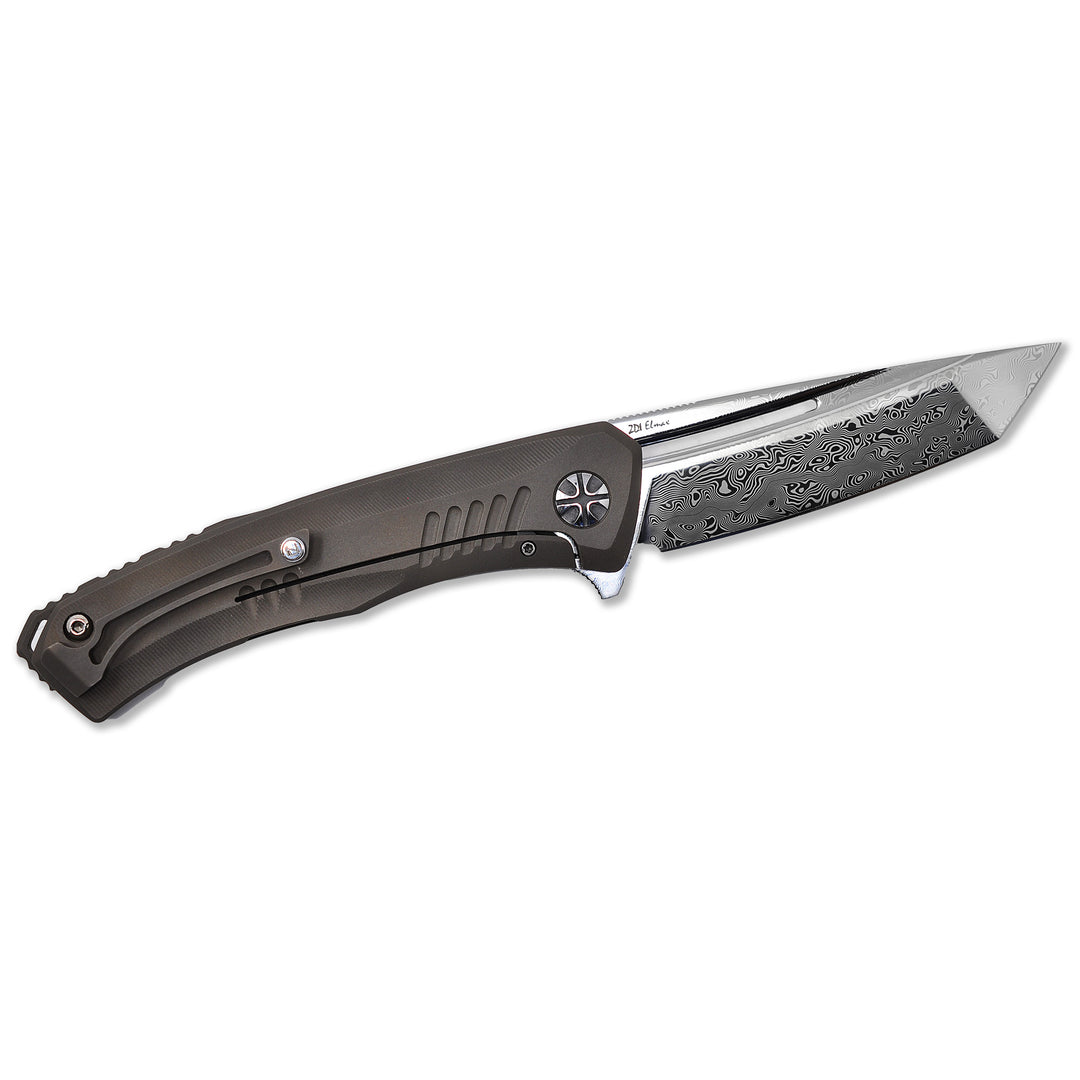 Other side and ZDI "Elmax" Damascus blade of the Aurum Nudist Bronze knife from NL Knives