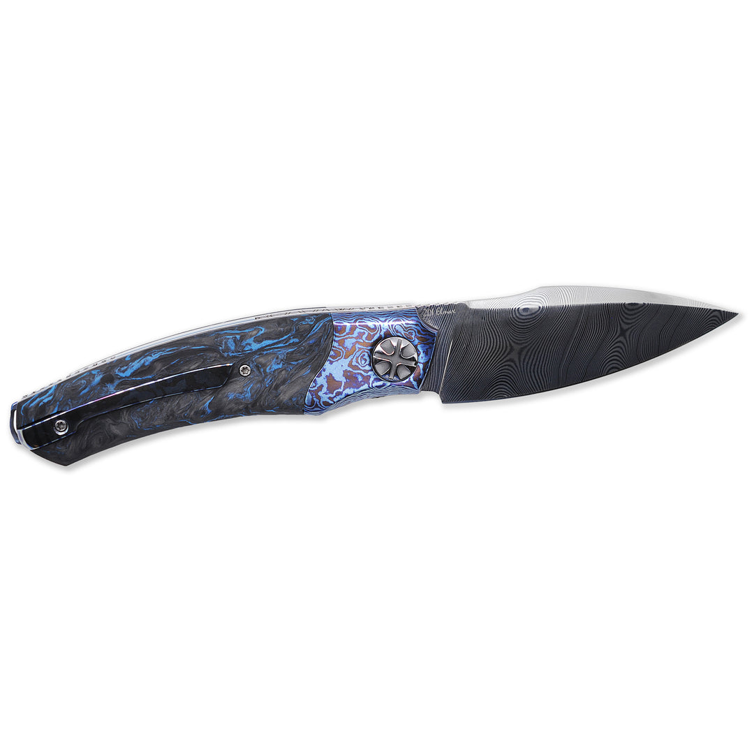 NL Knives Baba Yaga – ZDI “Elmax” Damascus Folding Knife, Blue Chaos MixCarbo and Timascus.