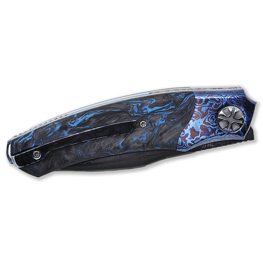 NL Knives Baba Yaga – ZDI “Elmax” Damascus Folding Knife, Blue Chaos MixCarbo and Timascus.