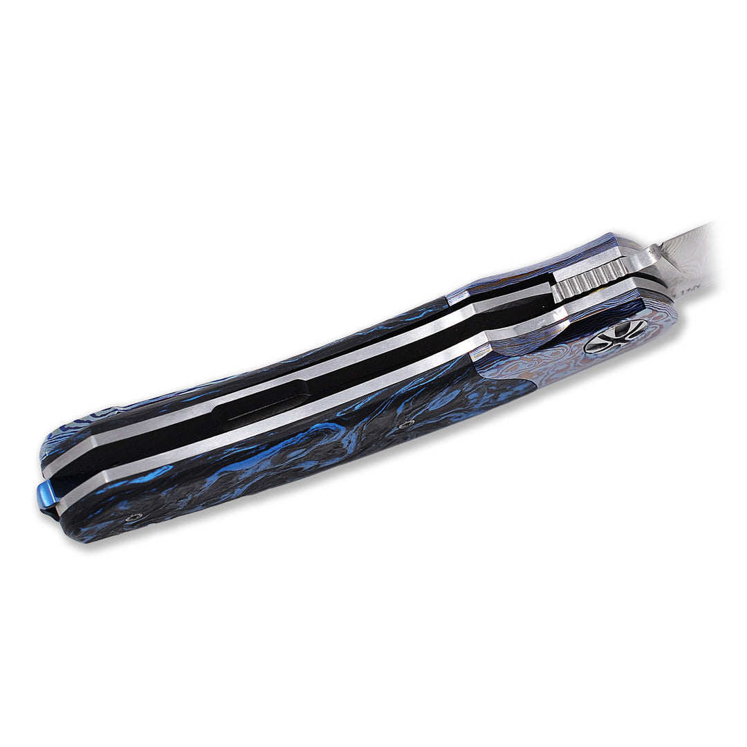 NL Knives Baba Yaga – ZDI “Elmax” Damascus Folding Knife, Blue Chaos MixCarbo and Timascus.