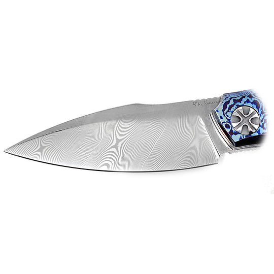 NL Knives Baba Yaga – ZDI “Elmax” Damascus Folding Knife, Blue Chaos MixCarbo and Timascus.