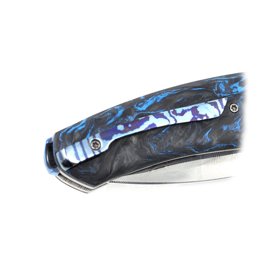 NL Knives Baba Yaga – ZDI “Elmax” Damascus Folding Knife, Blue Chaos MixCarbo and Timascus.