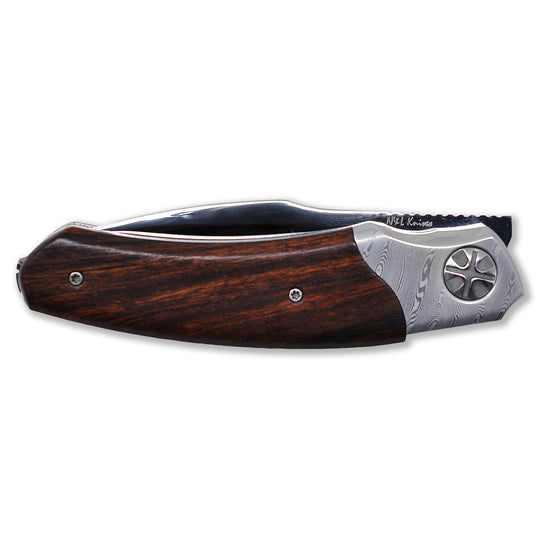 Folded Baba Yaga MagnaCut Edition folding knife from NL Knives, ironwood handle