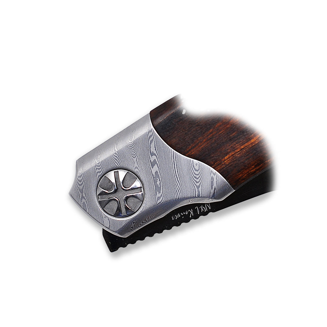 ZDI Elmax Damascus bolster on Baba Yaga MagnaCut Edition folding knife from NL Knives