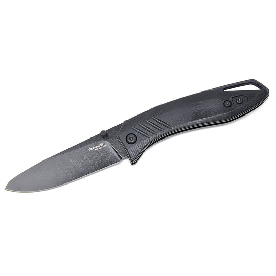 Mr. Blade Bang Black folding knife with blackwashed D2 blade – open view.