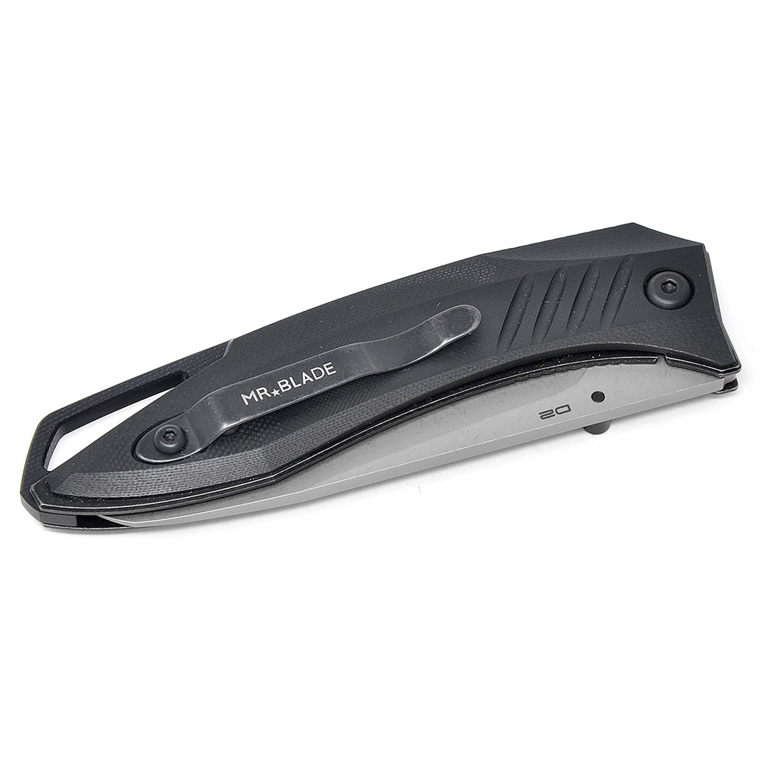 Textured Black G10 grip on Mr. Blade Bang EDC knife.