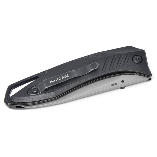 Textured Black G10 grip on Mr. Blade Bang EDC knife.