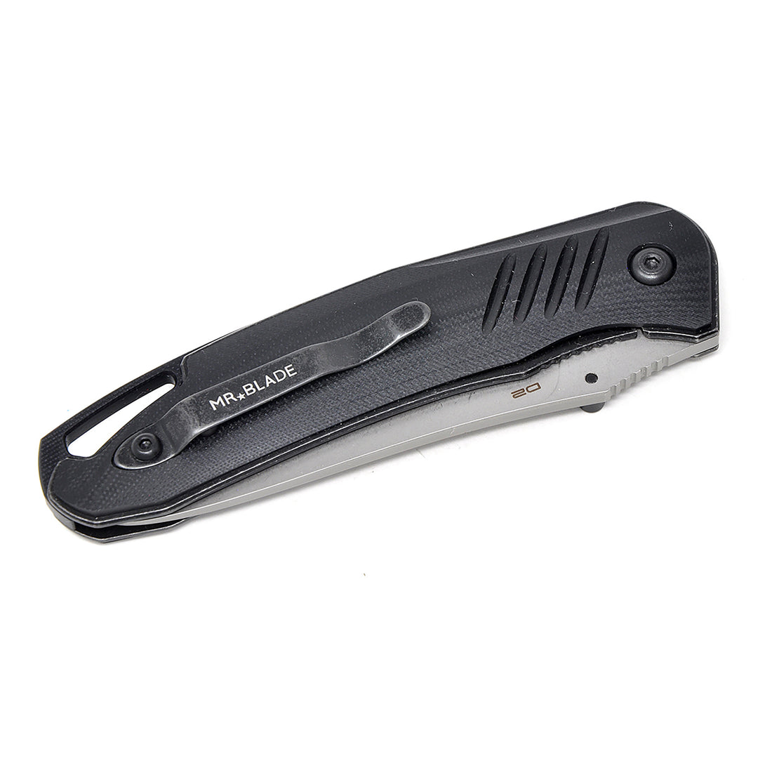 Black G10 handle scales on Mr. Blade HIT folding knife.