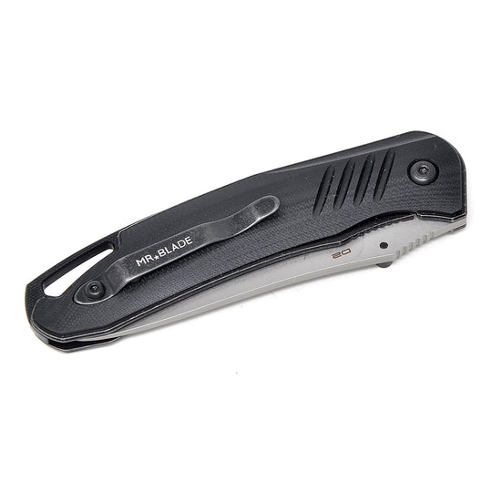 Black G10 handle scales on Mr. Blade HIT folding knife.