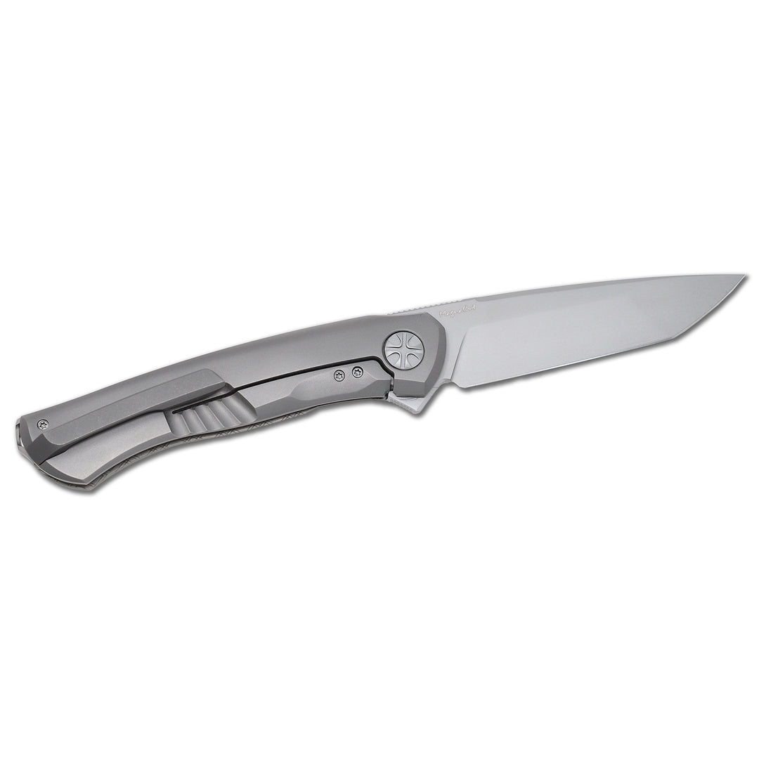 pocket clip side of the NL Knives NoWa EDC MagnaCut American Tanto stonewashed blade