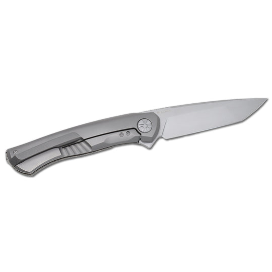 pocket clip side of the NL Knives NoWa EDC MagnaCut American Tanto stonewashed blade