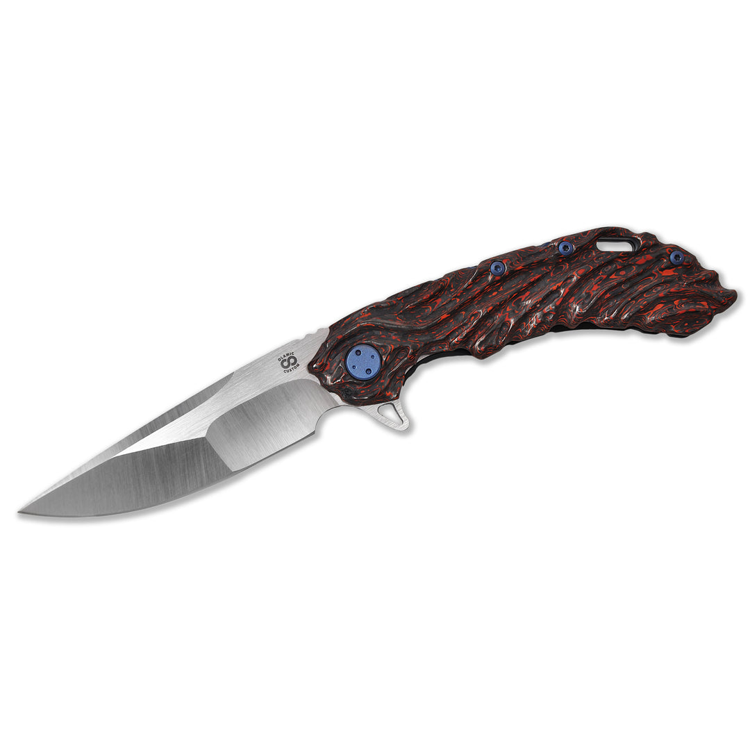 Olamic Wayfarer 247 FlowMolten with S90V Suna blade and blue titanium accents – open view.