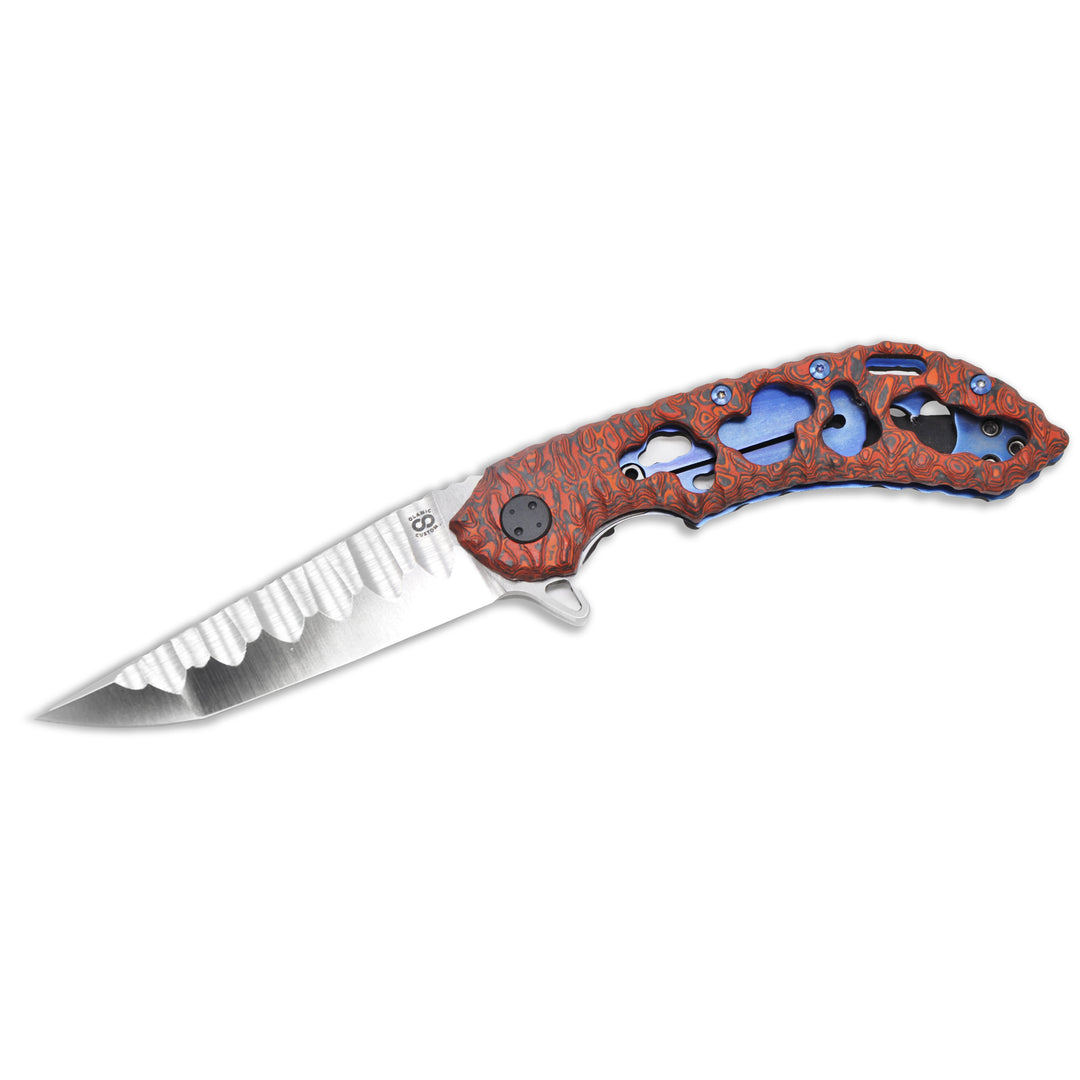Olamic Wayfarer 247 Featherweight with S90V Tanto blade and Molten hybrid handle – open view