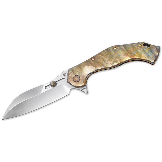 Olamic Soloist custom folding knife with M390 Scout blade and Neontropic Rocks titanium handle – full open view.