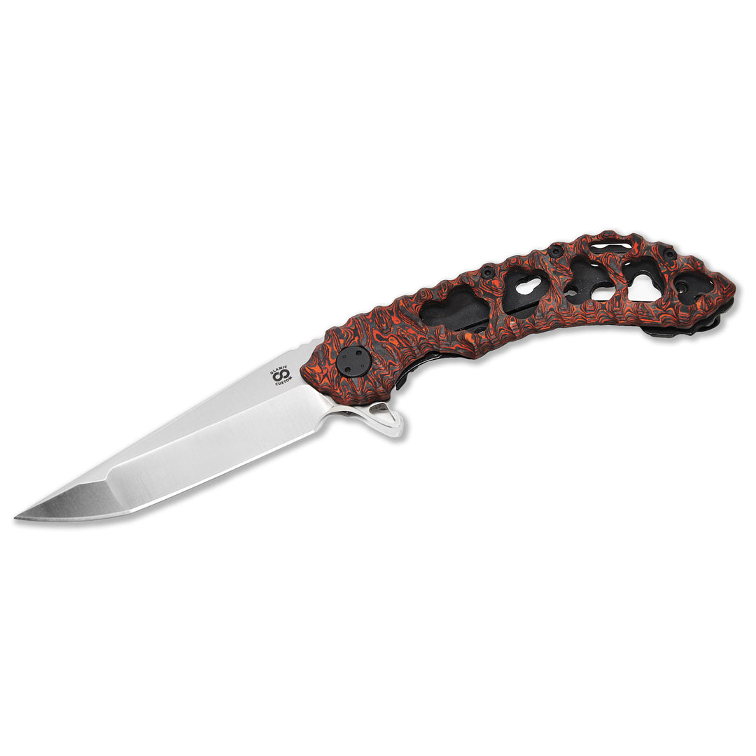 Olamic Wayfarer 247 Featherweight with S90V Companto blade and red/black carbon fiber handle – open view