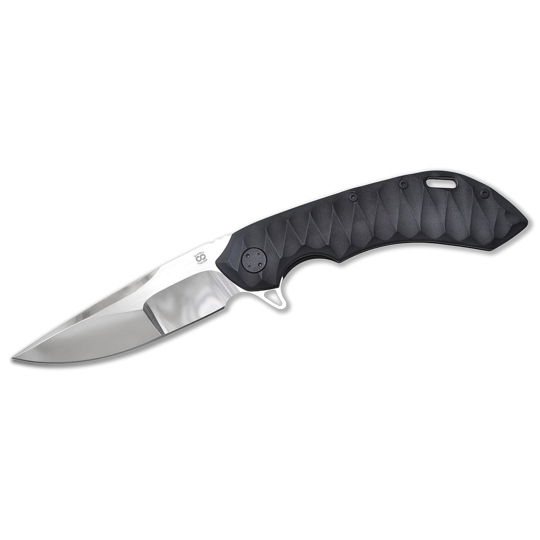 Olamic Wayfarer 247 Light with CTS-XHP Suna blade and Aphotic Black titanium handle – open view.