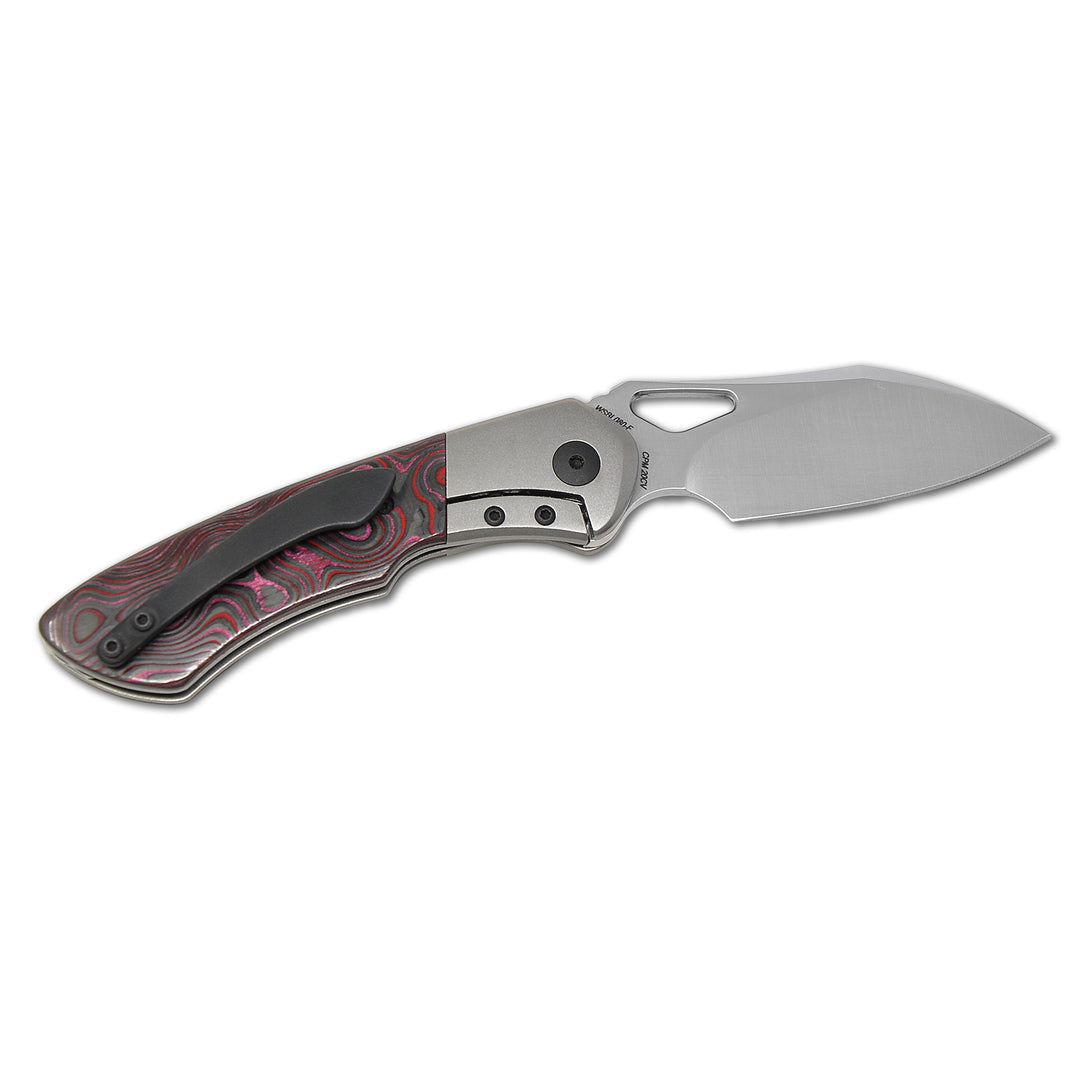 Olamic WhipperSnapper knife satin Wharnfoot blade close-up
