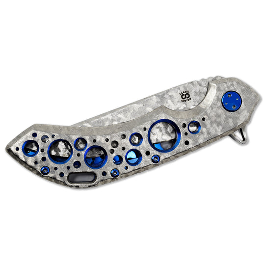 Frosty finish titanium handle with Acid Rain holes and blue accents on Olamic Wayfarer 247.