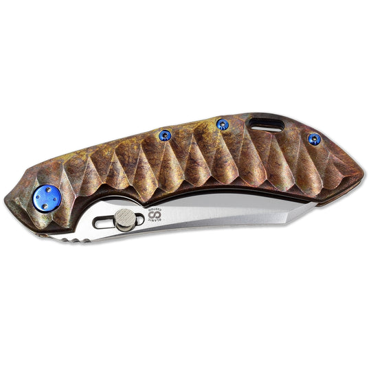 Shown folded Olamic Wayfarer 247 custom folding knife, Scalloped Antique finish on the handle
