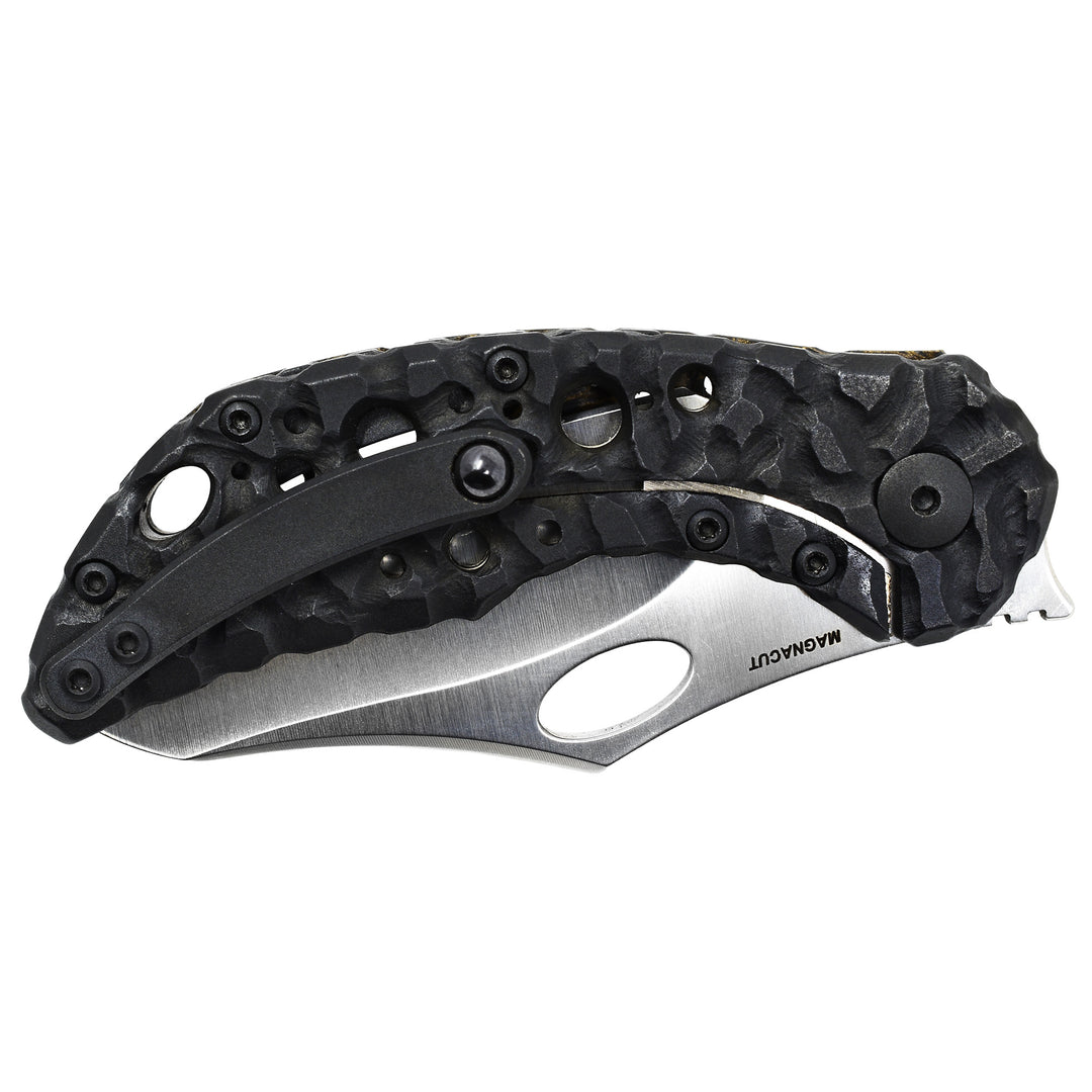 Aphotic Black titanium handle in Molten pattern with Acid Rain holes on Olamic Busker.