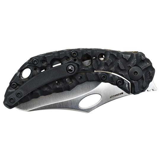 Aphotic Black titanium handle in Molten pattern with Acid Rain holes on Olamic Busker.