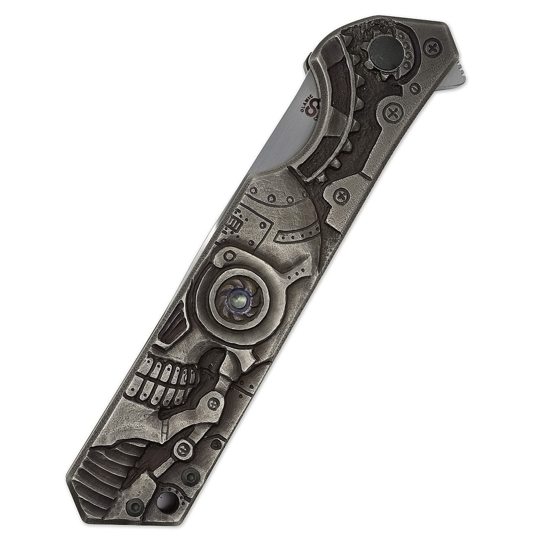 Olamic Rainmaker “Robot Skull” – Hand-Carved Titanium Art Knife (M390 Blade, Compound Grind by Mike Irie)