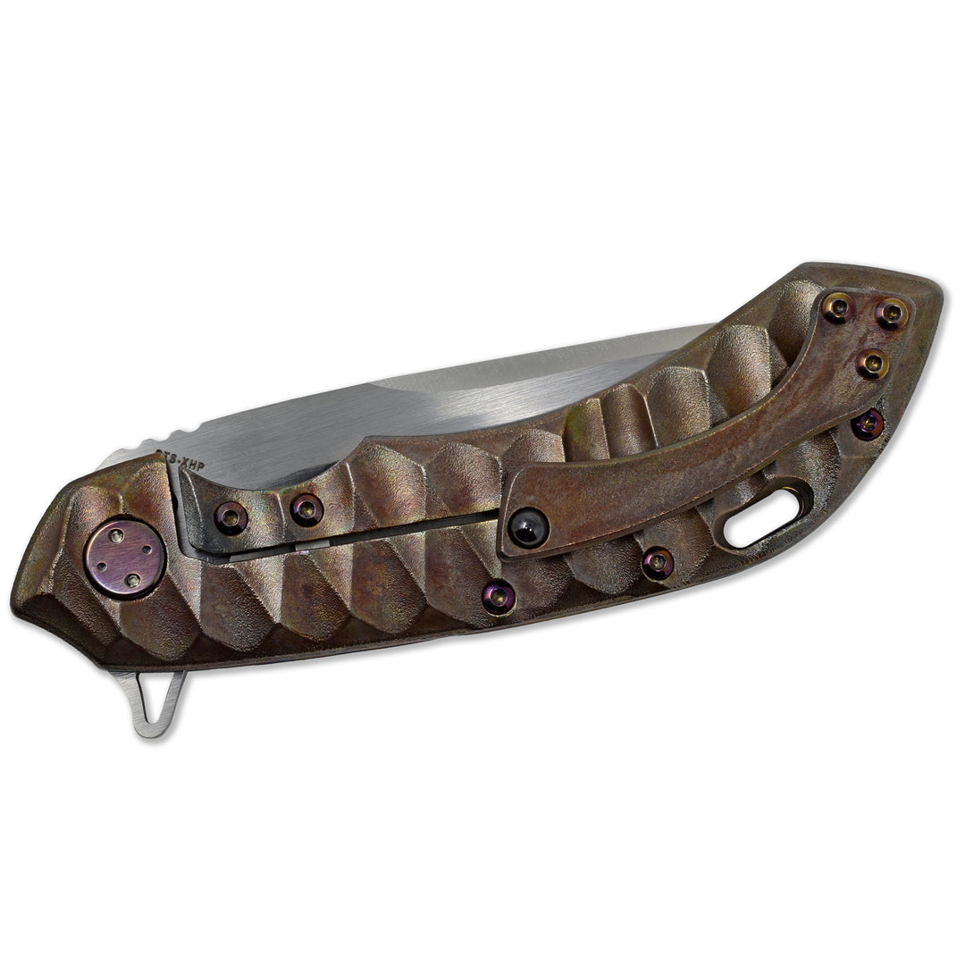 Scalloped Antique titanium handle – texture and color detail