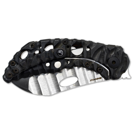 Aphotic Black titanium handle with Molten pattern and Acid Rain holes on Olamic Busker.