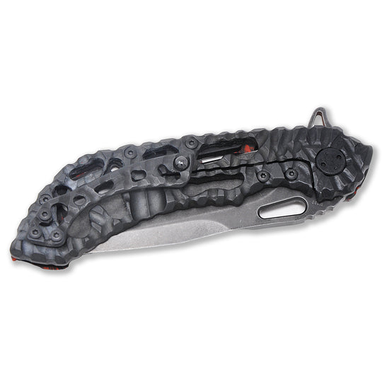 Details of Black Aphotic finish on Olamic Wayfarer 247 Featherweight Carbon Fiber custom folding knife