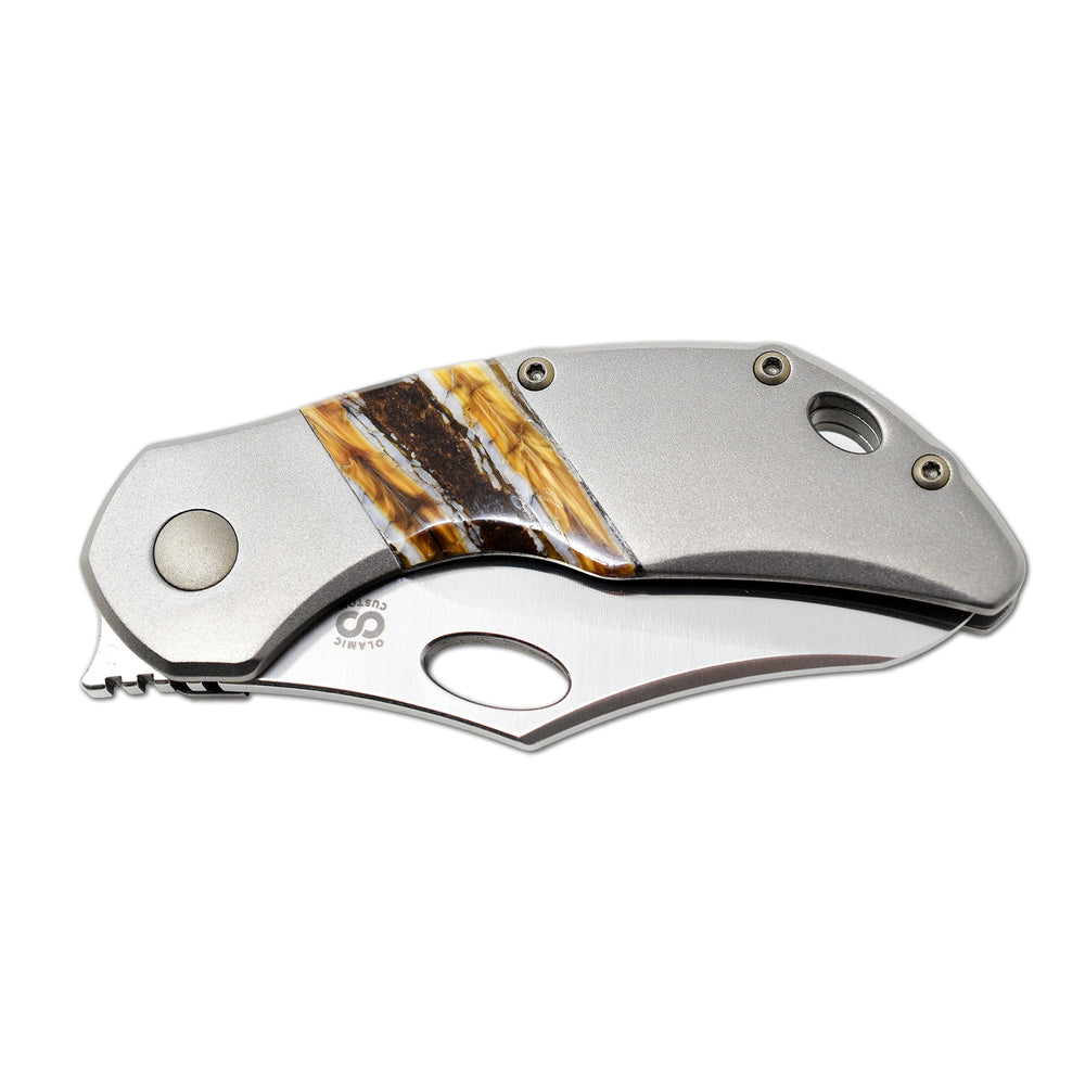 Olamic Busker blasted titanium handle with mammoth inlay