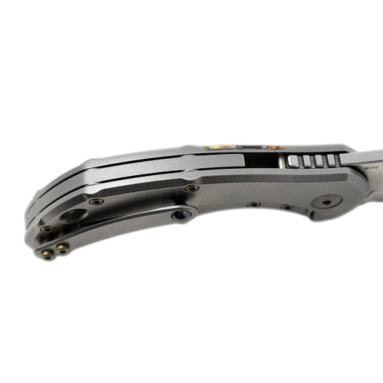 Olamic Busker with blasted titanium pocket clip and spacer
