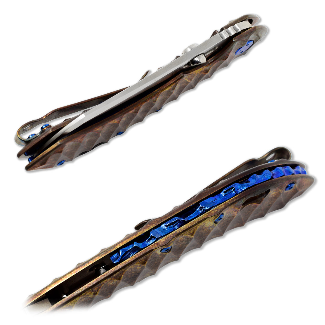Awesome blue Nuggets backspaser on Olamic Wayfarer 247 custom folding knife