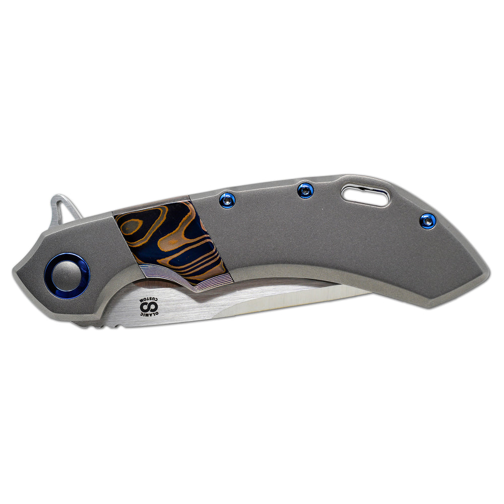 Custom Olamic knife with Fedokume and titanium handle, folded