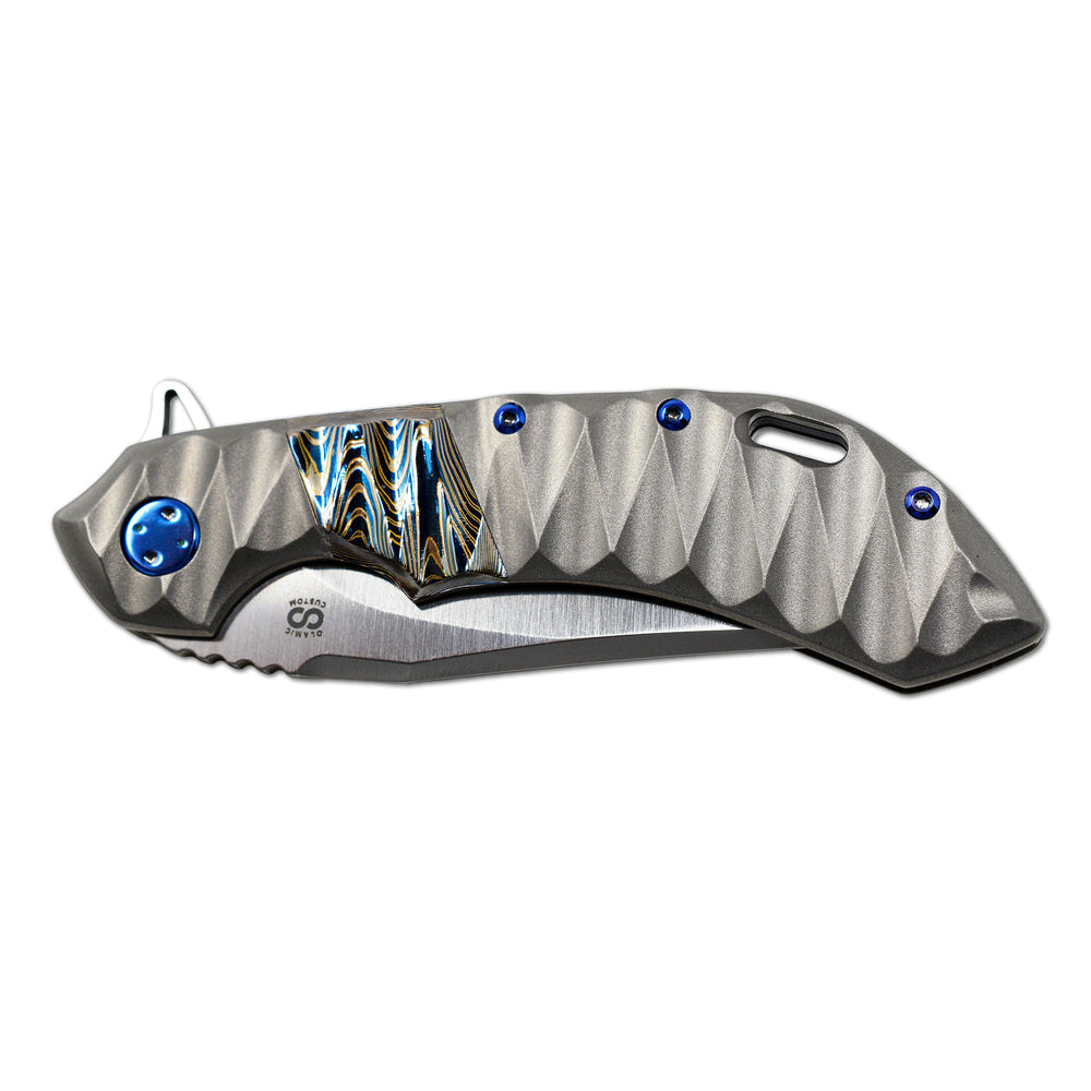 Olamic Wayfarer 247 blasted scalloped titanium handle
